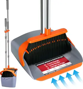 52" Long Handle Broom and Dustpan Set with Self Cleaning Teeth, Upright Standing Cleaning Combo for Home Kitchen Office