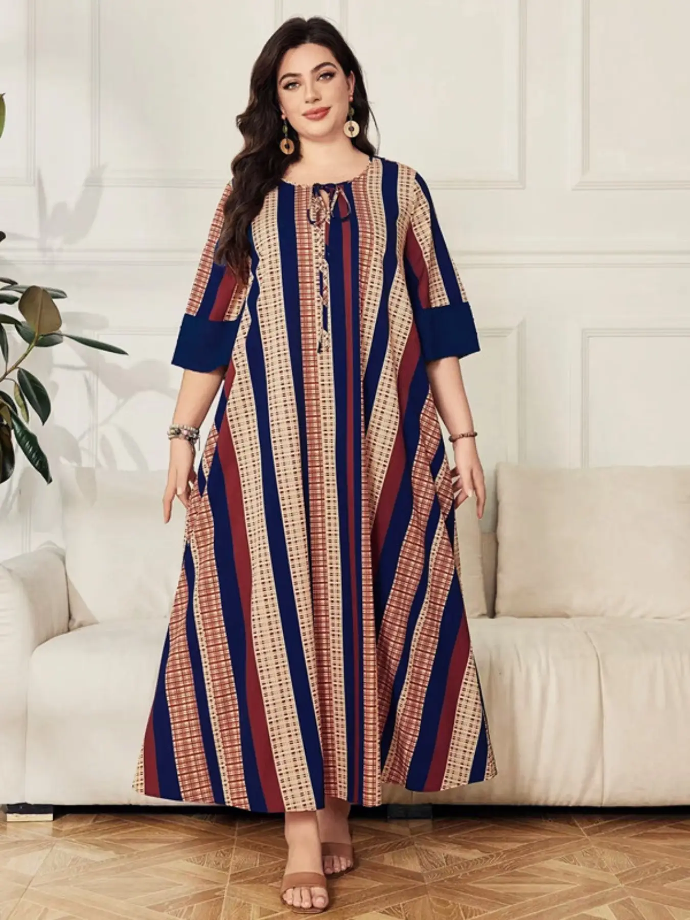 Plus Size Women's Long Dress, Round Neck Printed Fashionable over Knee Slimming Loose Casual Style, All Seasons Woven Fabric