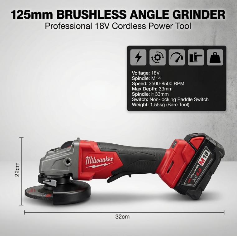 Milwaukee M18 brushless 125mm cordless angle grinder, 1suitable for metalworking and masonry cutting, M14 spindle, 8500RPM variable speed, non-locking paddle switch safety function, maximum cutting depth 33mm, includes battery and charger.