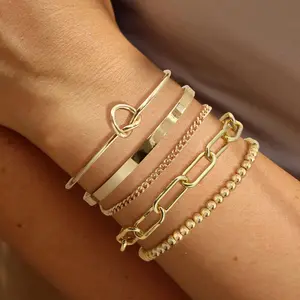 Women’s 14K Gold Plated Non-Tarnish Bracelet Set - Chunky Cuff, Tie Knot Cuban Rope Paperclip Beaded Styles, Trendy Stackable Gift Jewelry