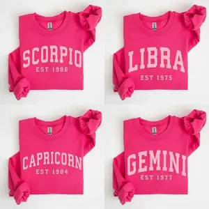 (Leave a note or DM shopping) Customized Zodiac Sports Shirt - Pink, Custom Year Est Astrology Hoodie, Cute Constellation Energy Gift, Neutral Round Neck Sports Shirt, 2025 Birthday Zodiac Clothing - AGRAIMENTRY
