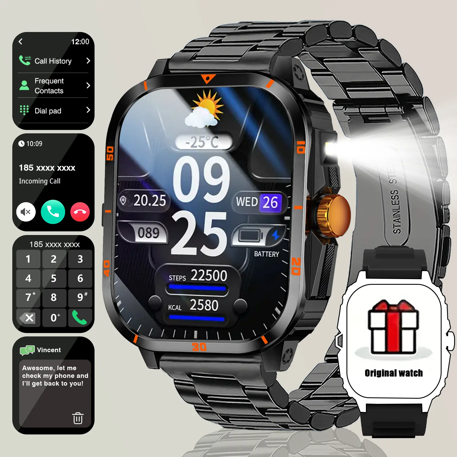 Smart Watch, Wireless Calling/Dialing, Multi-Sport Mode, Call Reminders and Rejection, Notification Alerts, Pedometer, Weather Forecast, Changeable Wallpaper, Large HD Screen, Long Battery Life, SMS Reminders, for iOS/Android, Suitable for Men/Women