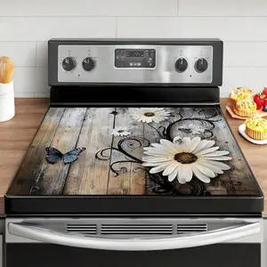 JOYFINITY Heat-Resistant Stovetop Protector Mat With Rustic Floral & Butterfly Design - Elegant White Daisy Pattern, Scratch-Resistant Polyester Stove Top Cover For Gas/Oven Stoves, Fits 28.4*20.5in Cooktops, Kitchen Counter & Coffee Table Protector