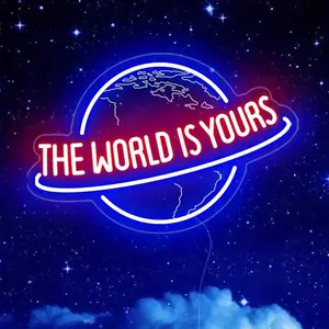 The World is Yours Neon Sign, Remote Dimmer Planet LED Neon Light Lamp for Wall Decor, USB Power for Man Cave Home Bar Bistro Club Cafe Wedding Game Room Bedroom Birthday Gift Graduation Party