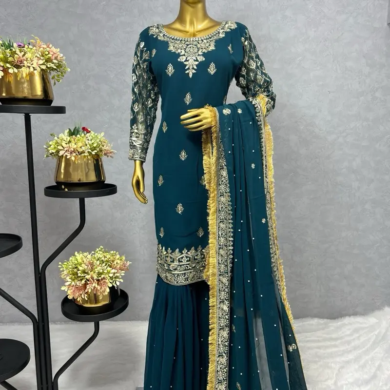 Women's blue teal Sharara Set Heavy Piece Indian Clothing Pakistani Set for Diwali Celebrations with Sparkling Details