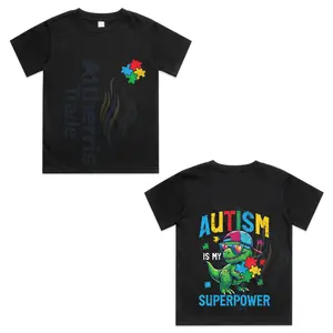 Kids Autism is My Superpower Dino Trex ASD Awareness Boys Kids  Front and Back Cotton T-shirt, Graphic Print Round Neck Short Sleeve Casual Tee for Boys Girls