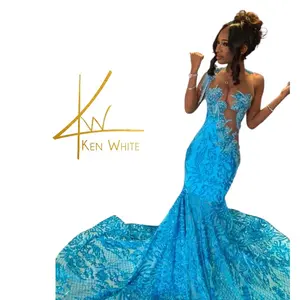 Ken White Zhane Mermaid Rhinestone Appliqué Gown Prom Formal Blue Lace Mermaid Tail Design