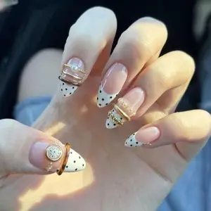 EG12- Paris Dot French Press-On Nails, Minimal White Micro Polka Tips, Gold Ring Detail, Pearl Accent, Glossy Quiet Luxury Handmade Elegant Holiday Nail Set, Gift for Her