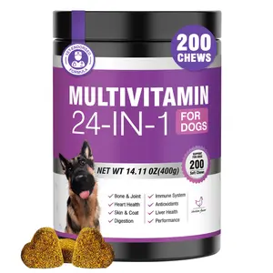 24-in-1 Dog MuLtivitamin and Supplements 200 cts Dogs Multivitamin Chewable Contain Chondroitin Probiotics Omegas-3 Glucosamine for dog skin Coat Heart Joint Gut Liver Brain Eyes Immune Chicken Soft chew