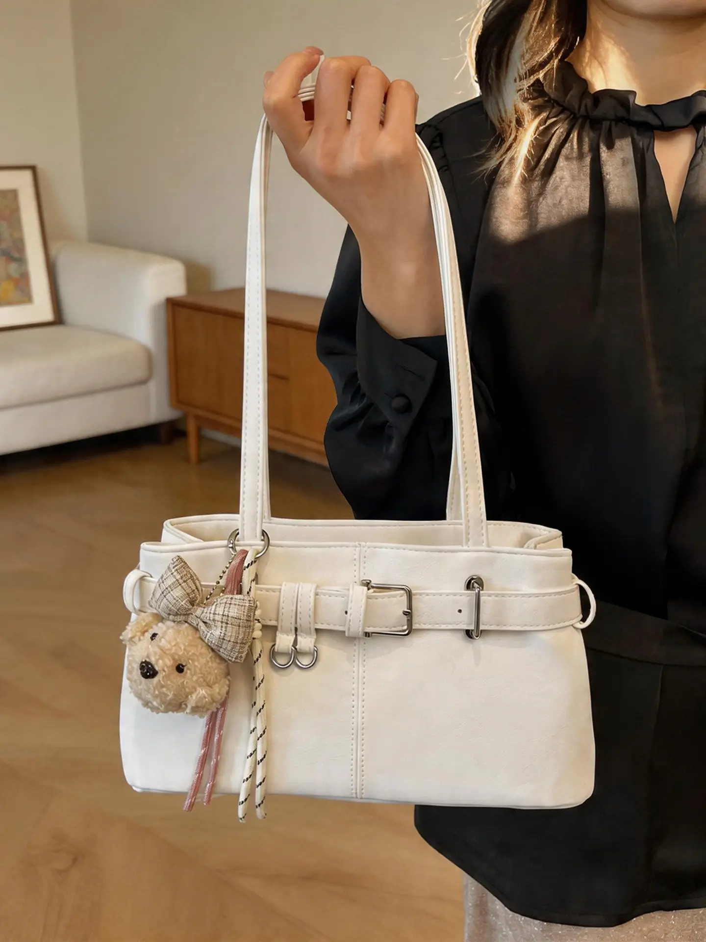 2026 New Women's Baguette Bag Cute Bear Charm Shoulder Handbag, Fashion Buckle Design Faux Leather Tote Purse Sweet Style Single Shoulder Bag for Women Girls Daily Work Shopping Commute Date