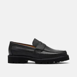 Adler Black Lizard Leather Lug Penny Loafers