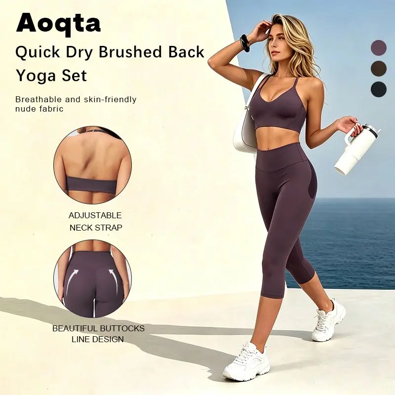 Aoqta Women's 2-Piece Stretchy Flattering Comfy Sports Sweat Suit, Solid Halter V-Neck Cami Crop Top & High Waisted Tummy Control Capri Pants (Tank Top Set for Gym Workouts), Tank Top Set Women's Sports Sweat Suit tracksuit