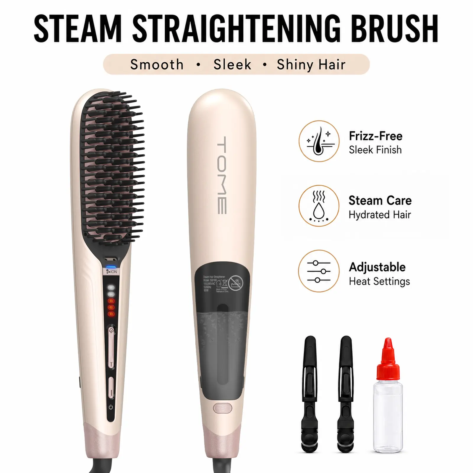 TOME Steam Hair Straightener Brush for Frizz Control, 2 Steam Levels & 3 Heat Settings, Anti-Scald Fast Styling Brush, Dual Voltage 100-240V