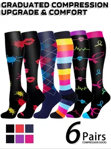 6 pairs of men's and women's compression socks wide calf men's and women's booster socks for circulation, running, nurses, pregnant women Support for blood circulation Various colour patterns available, Breathable Compression Socks