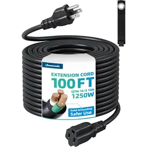 DEWENWILS Outdoor 16/3 SJTW Extension Cord, 3-Prong Weatherproof Flexible Power Cable with Storage Strap, 125V/10A/1250W, Black, ETL Listed (Camping & Hiking Lantern Accessory)