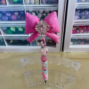 Pink Rhinestone Bow Heart Pen  Refillable Beaded Bling Writing Pen