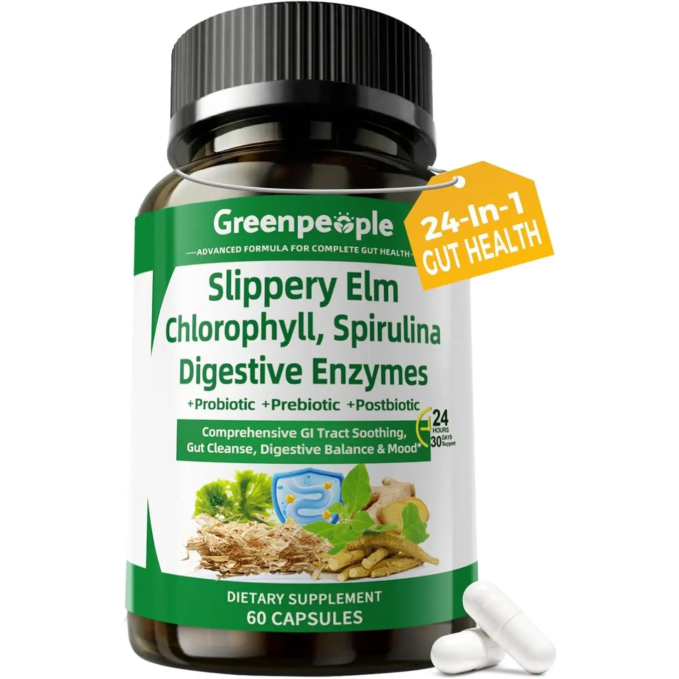 GREENPEOPLE Digestive Enzymes for Women & Men - Gentle Gut Health & Cleanse Capsule with Slippery Elm, Chlorophyll, Spirulina, Probiotics Complex - Complete Sensitive Gut Supplement 60 Ct 30 Days Use