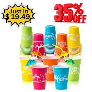 50 Pack Hawaiian Luau Party Cups with Parasol Straws - 16OZ Disposable Tropical Moana Birthday Decor Supplies - Decoration, Ornaments