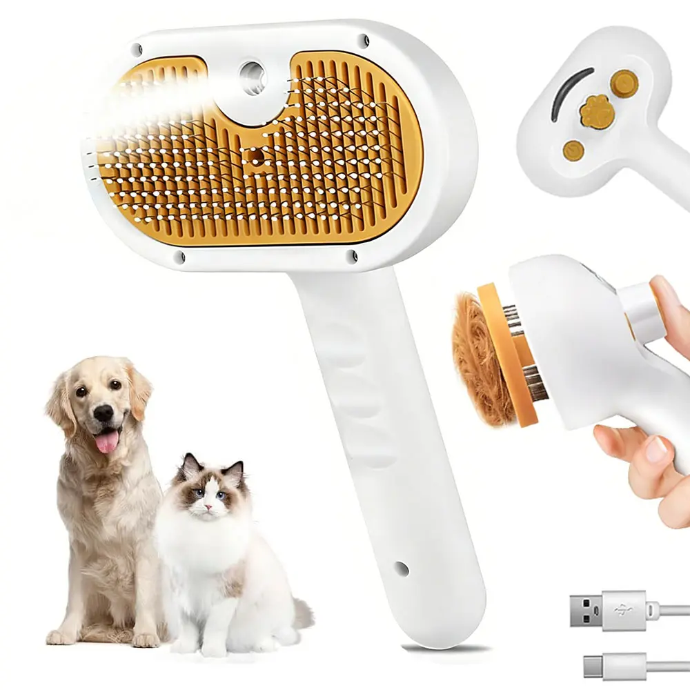 Pet Steam Brush for Dog & Cat - 3-in-1 Steam Grooming Brush for Shedding & Hair Removal - Self Cleaning Spray Comb with Mist for Long Haired Pets