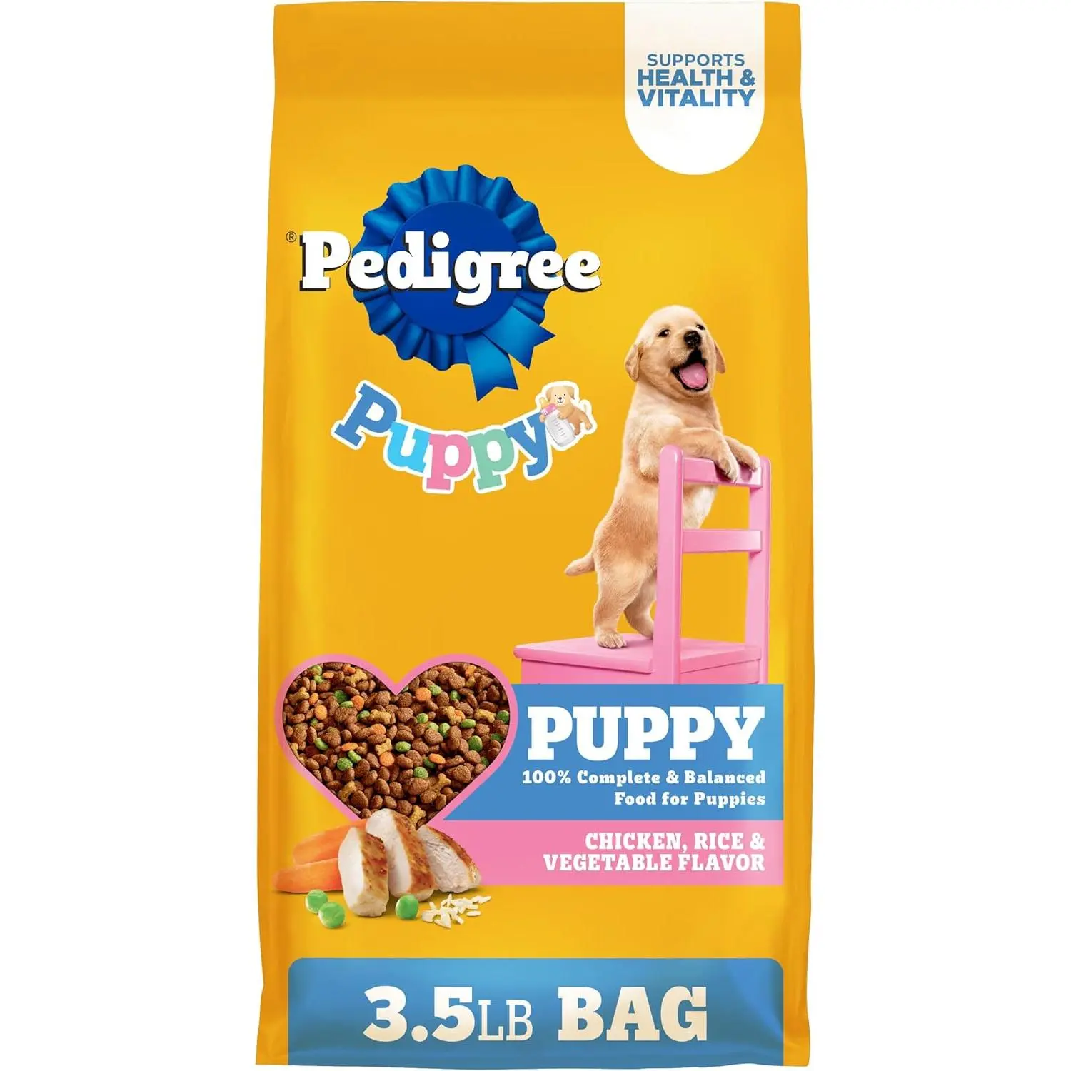 Pedigree Puppy Dry Dog Food, Chicken, Rice, and Vegetable, 3.5 lb | 100% complete & balanced, 36 vitamins & minerals, nutrients similar to mother's milk, supports brain development