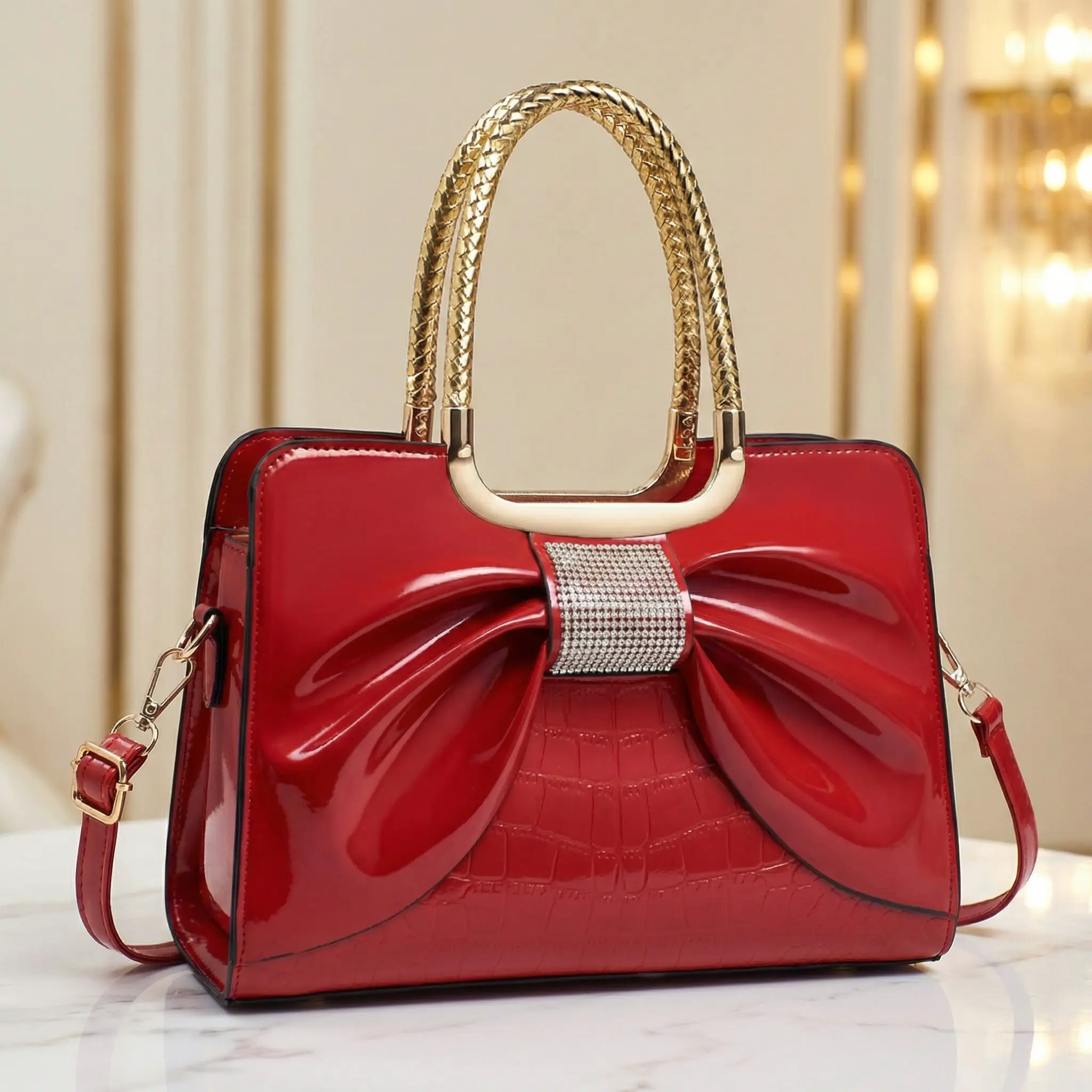 Women's Elegant Crocodile Print 3-in-1 Crossbody Bag - Crossbody Purse, Bow-Knotted, Buckless, Animal-Themed, Carry-All Handbag with Bow Detail, Bow-Knotted Women's Handbags