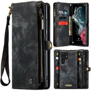 Zipper wallet-style magnetic shockproof, Protective leather case, Cellphone, Smartphone Cover, wrist strap, suitable for Samsung S25, S24, S23 Ultra, Galaxy Z Fold4 Fold5, supports wireless charging, with 8 card slots, 1 zipper bag, 1 wallet slot, Casing