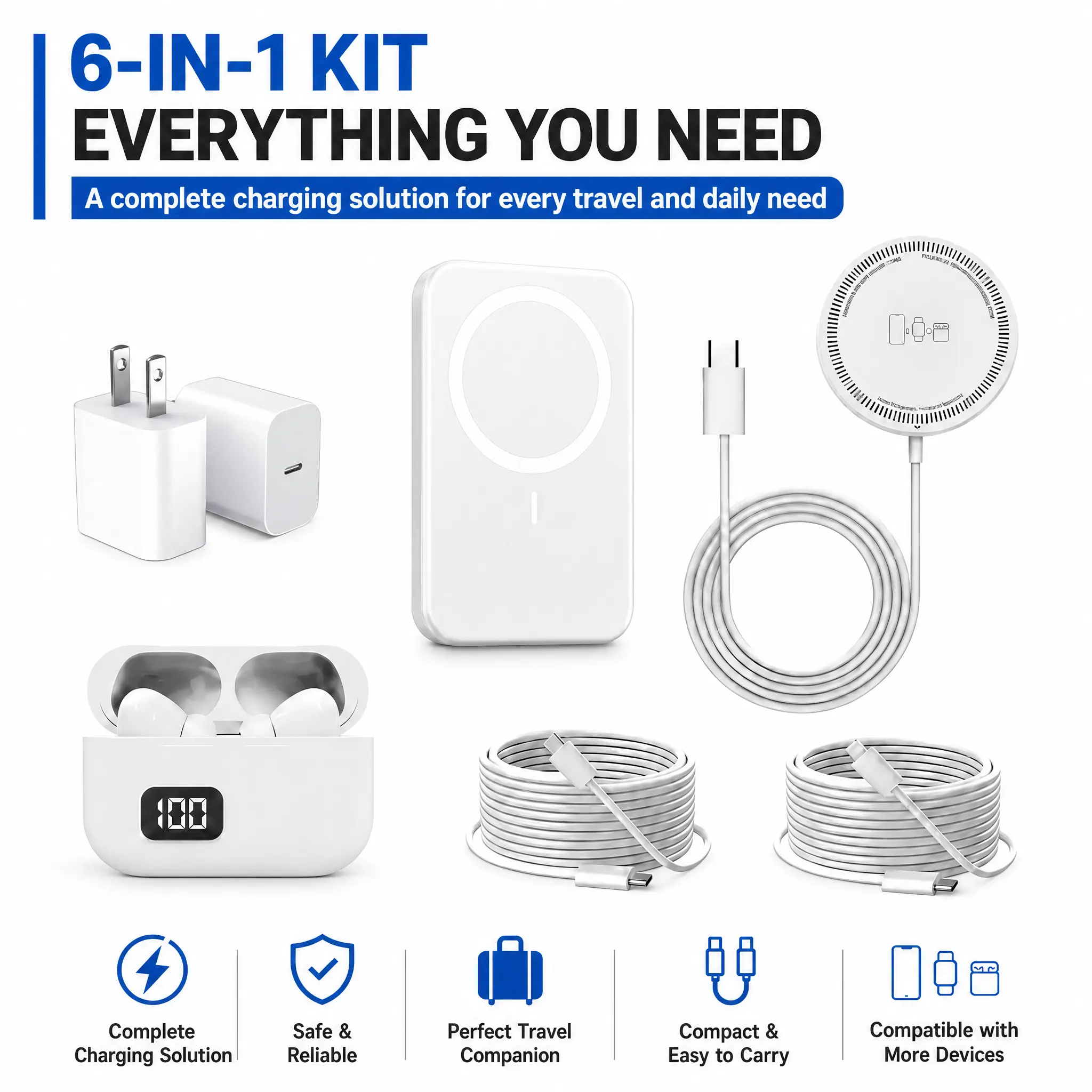 ARTCYBER 6-Pieces 18.5Wh Electronic Charging Kit for Smartphones & Mobile Devices - Built-in Li-ion Magnetic Power Bank, Wireless Charger, Type-C Fast Charging Cable, Adapter, Headset Audio Support, Compact Magnetic Charge Solution, Arctyber Kit
