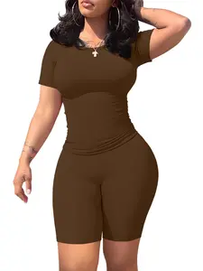 Women's Solid Ribbed Crop Top & Skinny Shorts Two-piece Set, Casual Fashion Cozy Breathable Two Piece for Daily Outdoor Wear, Ladies Clothes for Spring & Fall, Casual Gym Wear, Sportswear for Gym, Yoga Gym Activewear