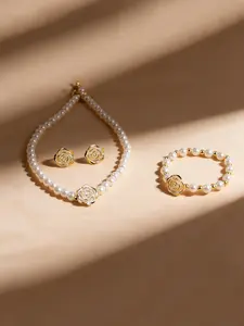 1 set of high-end pearl rose jewelry three piece set, light luxury niche necklace bracelet earring set, women's daily holiday wear, ideal gift for friends