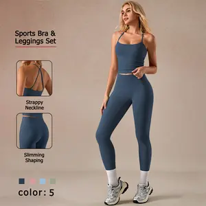 NcmRyu Women's Strappy & Leggings Set - Sculpting Buttery-Soft Activewear Yoga Gym HIIT Trendy Cutout Design Sporty Casual Seamless Tank Women Skinny Sportswear Workout Ribbed Textured Sweatsuit with Crisscross Strap Back & 4-Way Stretch Womenswear