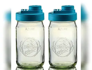 Glass Mason Jar Pitcher with Pour Lids - Azure Standard Jars, 1 Quart (32 oz) Wide Mouth, Teal 2-Pack - ON SALE