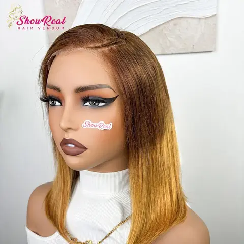 [New Arrival] ShowRealHair 7x5 HD Lace Bob Wig Highlight Brown to Honey Blonde Straight Human Hair Wig with Braided Detail Glueless Pre Plucked Natural Hairline Beginner Friendly Lightweight Breathable Everyday Wear