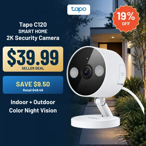 TP-Link & Tapo C120 - 2K QHD Indoor/Outdoor Security Camera with Color Night Vision, Free AI Detection, Baby Monitor, IP66, Dual Spotlights, Local/Cloud Storage