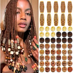 60Pcs Wooden Hair Beads for Braid Loc Dreadlock Jewelry Hair Tube Accessories Cute Wood Round Loose Bead Braids Decoration Jewel Making Hair DIY Craft for Women and Men