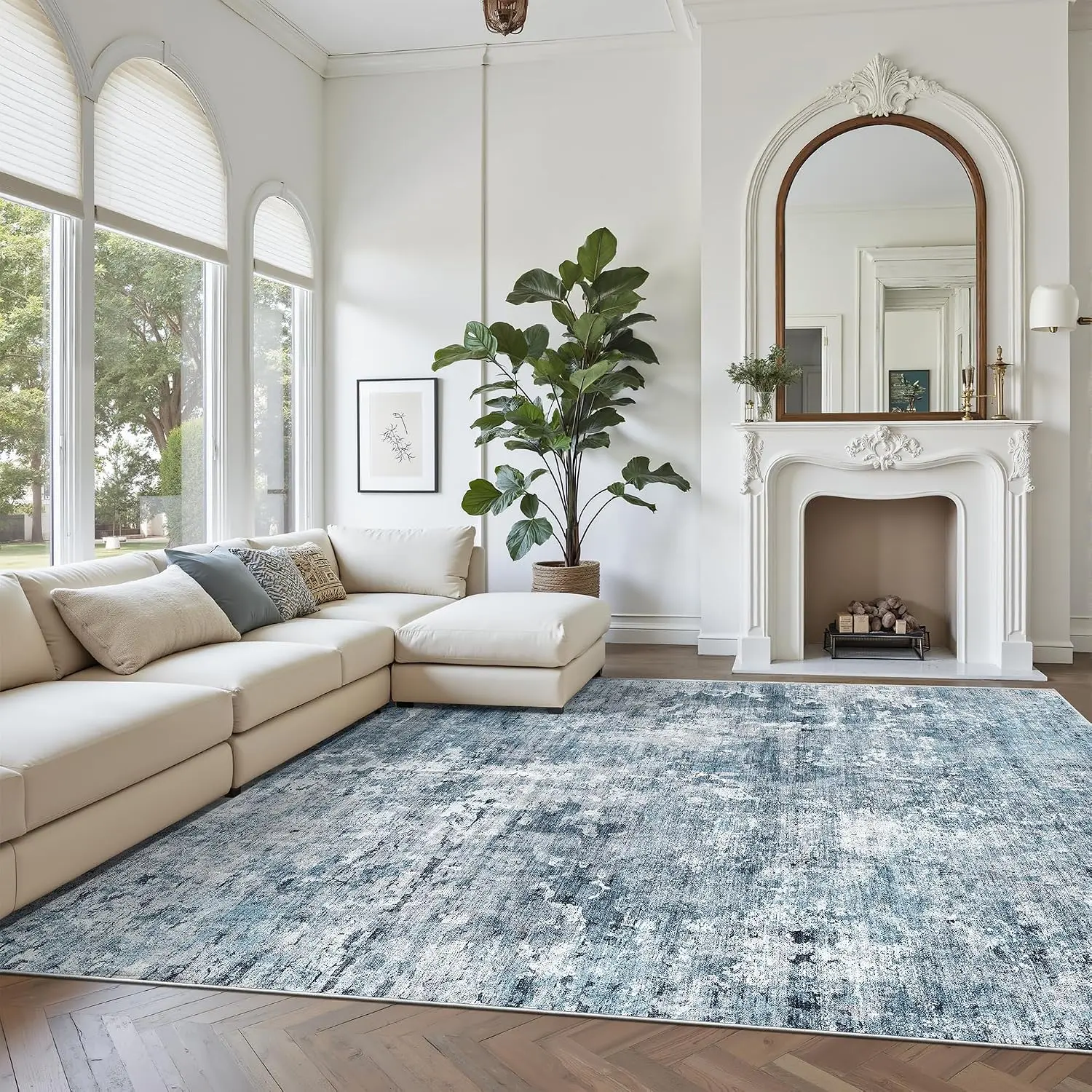 ComiComi Abstract Rug 8x10 Large Living Room Rugs Neutral Modern Washable Area Rugs for Bedroom Dining Room Non-Slip Stain Resistant Foldable Thin Blue