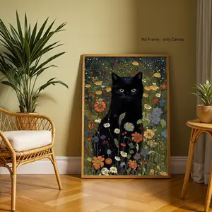 Black Cat & Flower Pattern Unframed Painting, 1 Count Modern Canvas Wall Art, Wall Decor for Home Living Room Bedroom Study Room, Ornaments
