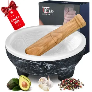 【TikTokShopSpringGlowUp】 SYOKAMI Mortar and Pestle 2-Cup Capacity Set, Grinding Ridges for High Efficiency, Lightweight Ceramic, Easy to Hold & Hassle-Free Cleaning, Non-Slip Base, Large Molcajete Mexicano, Mother's Day Gift
