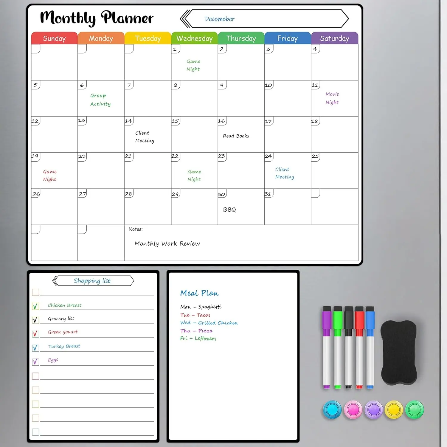 3-Pack Monthly Refrigerator Dry Erase Calendar Whiteboard (15x11.5in) - Family 6-Week Layout Monthly Planning Schedule Planner with List, Blank Board, 5 Markers, 1 Eraser, Durable Material, Effortless Erasing
