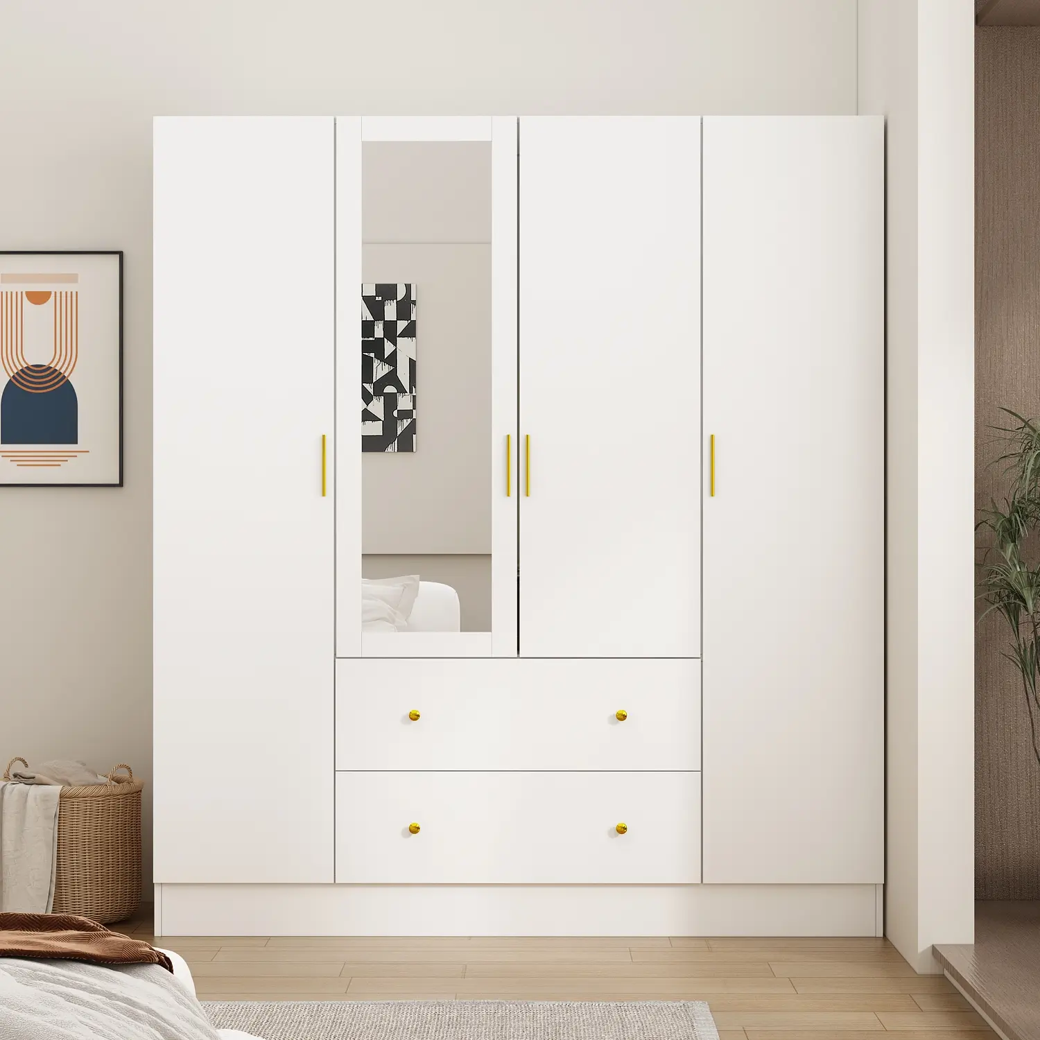 FUFU&GAGA Large Engineered Wood Wardrobe Armoire with Fullview Mirror - 5-Shelf Setup, 2 Drawers, 2 Hanging Rods, 4 Doors, Wardrobe Closet Organizer for Bedroom, Modern Durable Closet Storage Cabinet