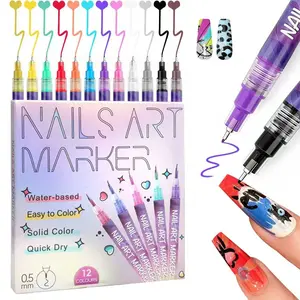 12 Color Nail Art Pens, 0.5 MM Nail Polish Pens Set Drawing Painting Point Liner Painted Pen Kit, Waterproof Quick-drying for DIY Nail Design, Home & Salon Manicure Tools
