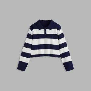Cider [size 2-10] Knit Polo Striped Crop Long Sleeve Top