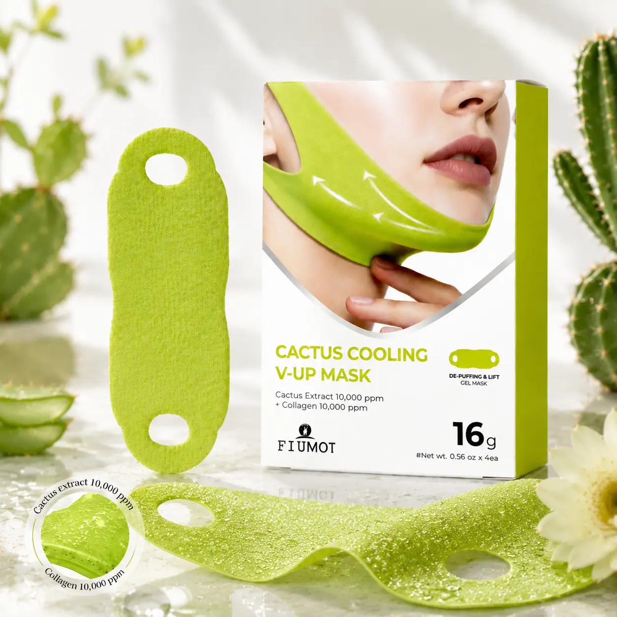 Cactus Cooling V Lift Face Mask Firming Jawline Mask Lightweight Hydration Sheet Mask For Skin Tightening Smoothing Puffiness Care And Visible Face Contour Improvement Morning Night Skincare Routine Gift Choice 4PCS
