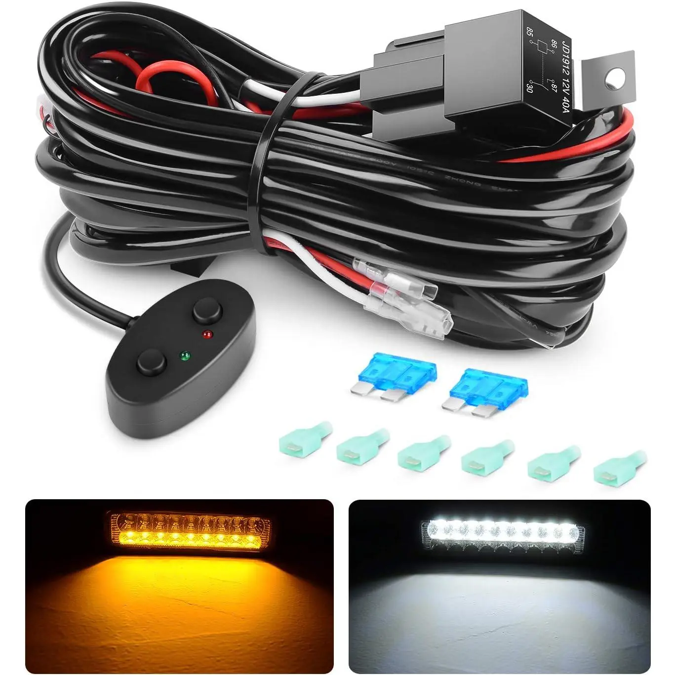 Nilight Amber+White Mode 2-Lead Dual Lights Wire Harness Kit - 16AWG Wire, 12V Relay, 15A Inline Blade Fuses, Push Button Switch, 2 Under Dash Leads, Adhesive Tape, 8.5ft/11ft Reach, Easy Install, High Quality for Off-Road, Work Use, Carlights