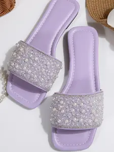 Pearl Rhinestone Slip-On Flat Heel Sandals, Square Toe Design Casual Shoes for Women, Elegant Party Wear, PU Material, All Seasons