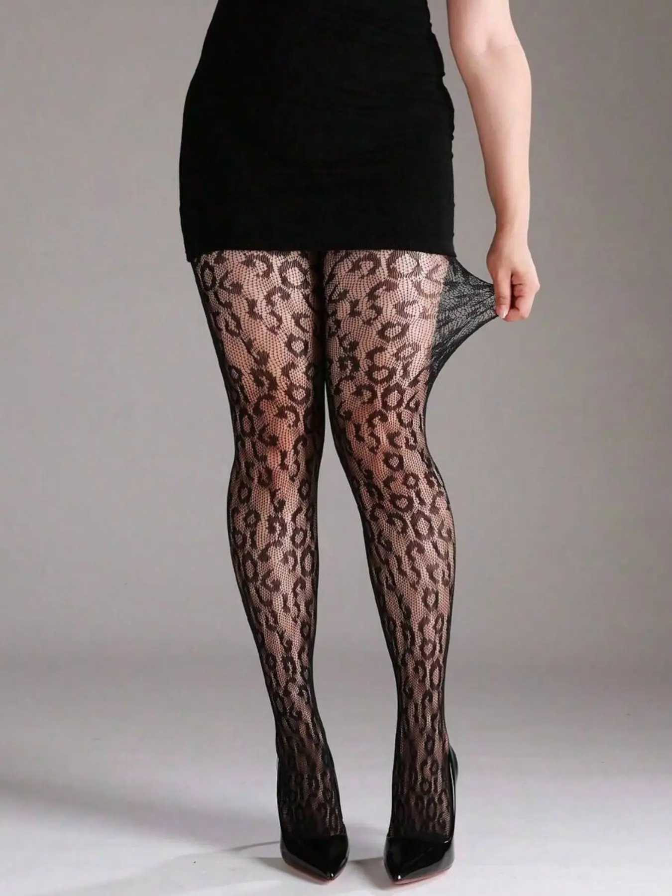 Plus Size High Stretch Leopard Fishnet Leggings, Hollow Net Stockings, Tights, Halloween Costume, Party, Fashionable, 1pc