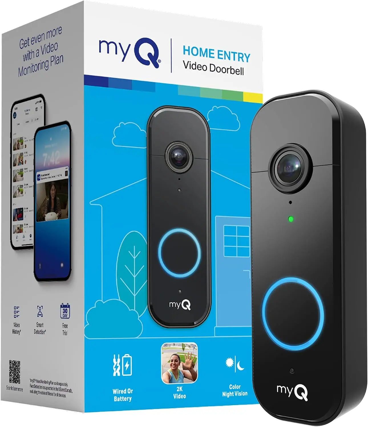 myQ Video Doorbell - Black, 2K Camera, Battery/Wired Power, Color Night Vision, Live 2-Way Talk, Motion Detection, Real-Time Alerts, 150-Deg Wide View Home Security Device