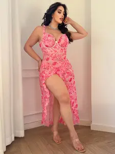 Women Plus Size Sexy Pink Rose Print Maxi Dress Spaghetti Strap Ruffle Hem High Slit Underwire Bustier Sleep Dress Loungewear