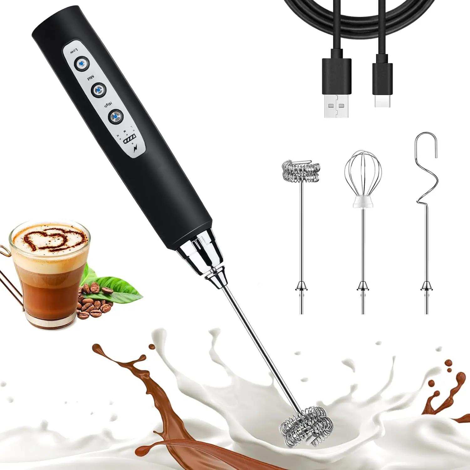 ODIFORGO Black Milk Frother Wand for Coffee, Frother Handheld Rechargeable Electric Whisk Drink Mixer with 3 Heads 3 Speeds Coffee Frother Electric Stirrer For Latte, Cappuccino, Hot Chocolate