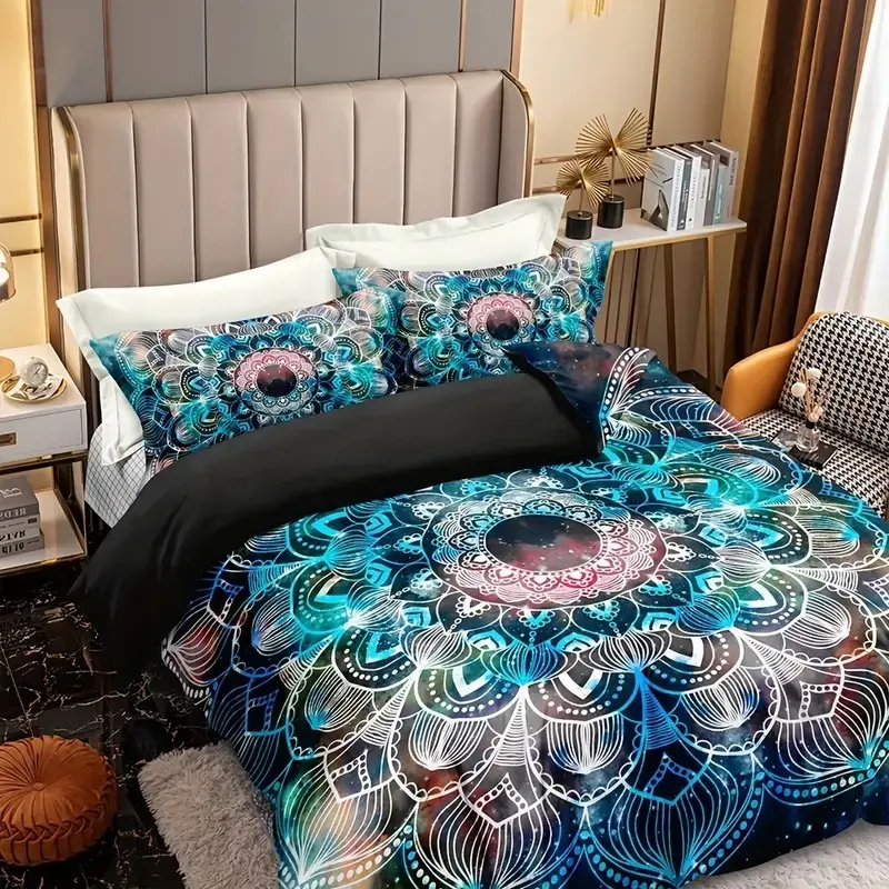 Mandala Pattern Printed Bedding Set, Soft Breathable Polyester Fabric, All-Season Use, Includes 1 Fitted Sheet + 2 Pillowcases