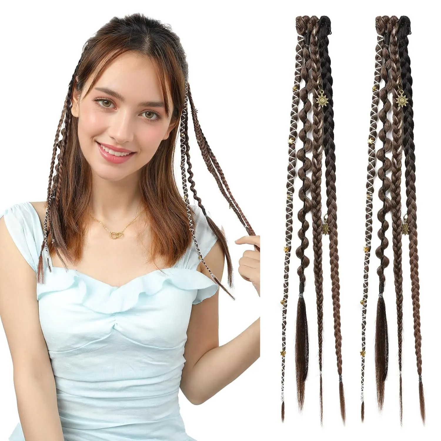 Braided Hair Extensions, 16inch Bohemian Long Braided Hair Clips, Handmade Synthetic Braided Hairpieces